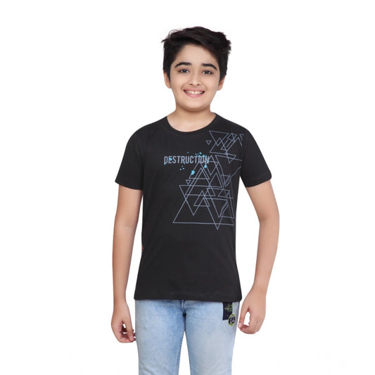 Boys Black Graphic Printed Cotton Round Neck T-Shirt