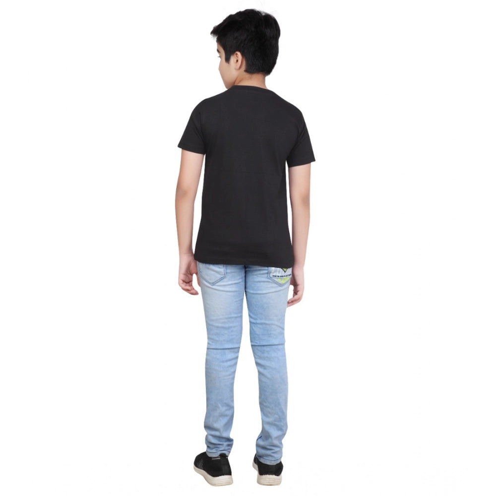 Boys Black Graphic Printed Cotton Round Neck T-Shirt