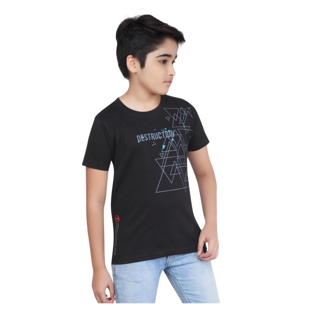 Boys Black Graphic Printed Cotton Round Neck T-Shirt