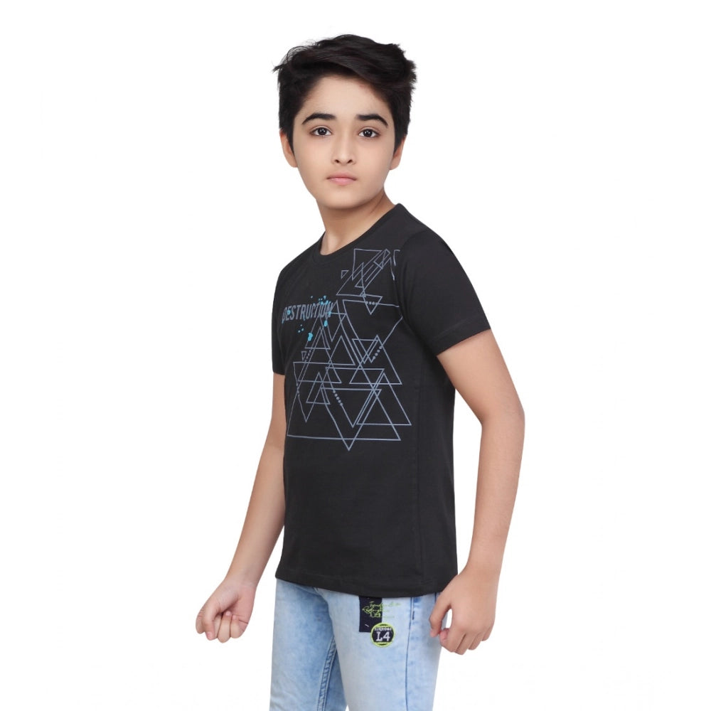 Boys Black Graphic Printed Cotton Round Neck T-Shirt