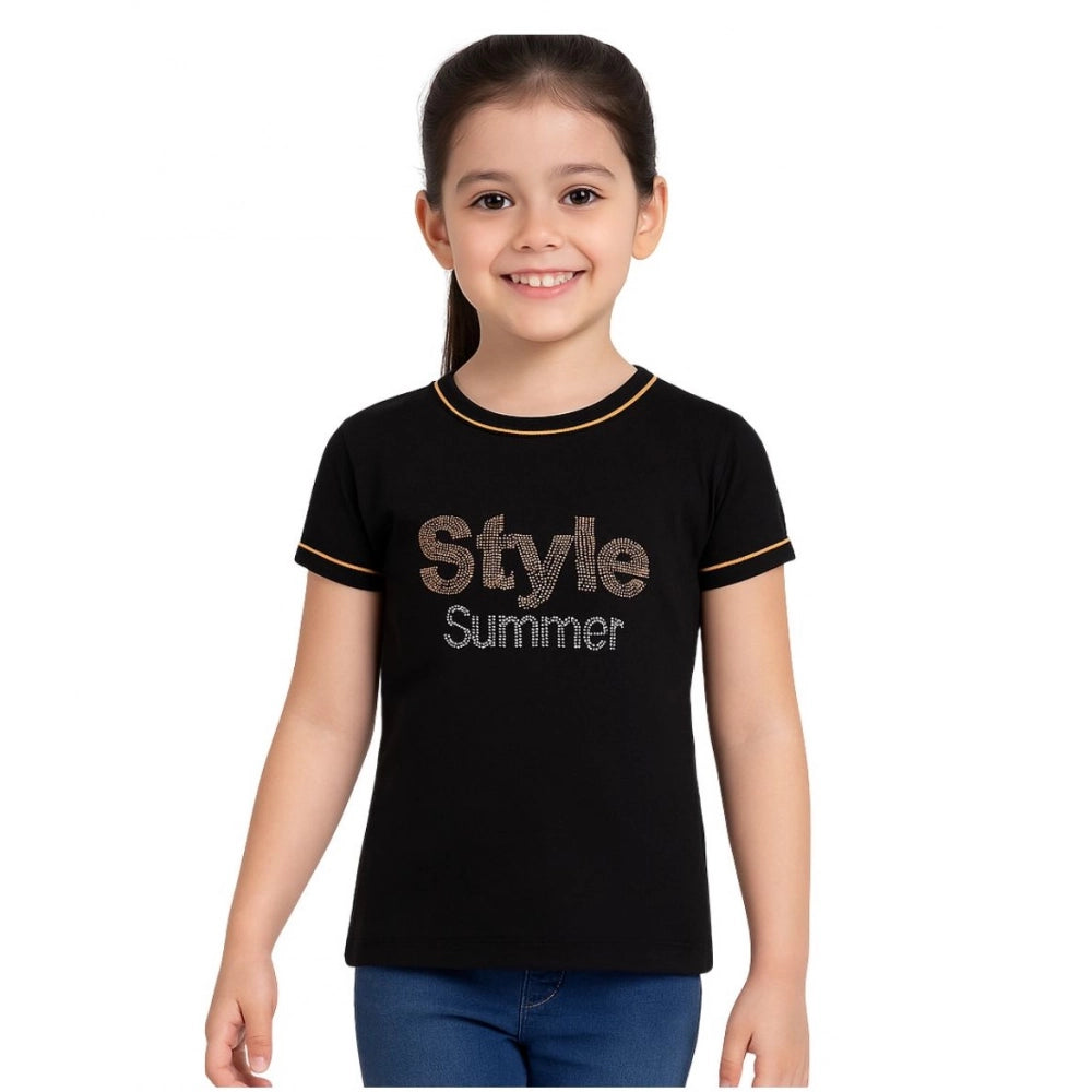 Girls' Cotton Printed Round Neck T-Shirt – Black