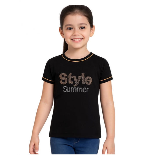 Girls' Cotton Printed Round Neck T-Shirt – Black