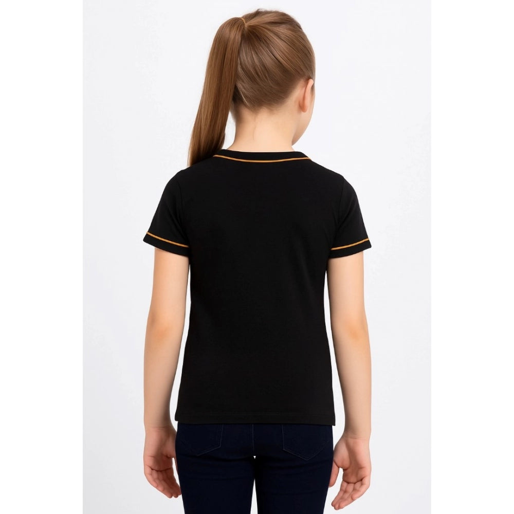 Girls' Cotton Printed Round Neck T-Shirt – Black