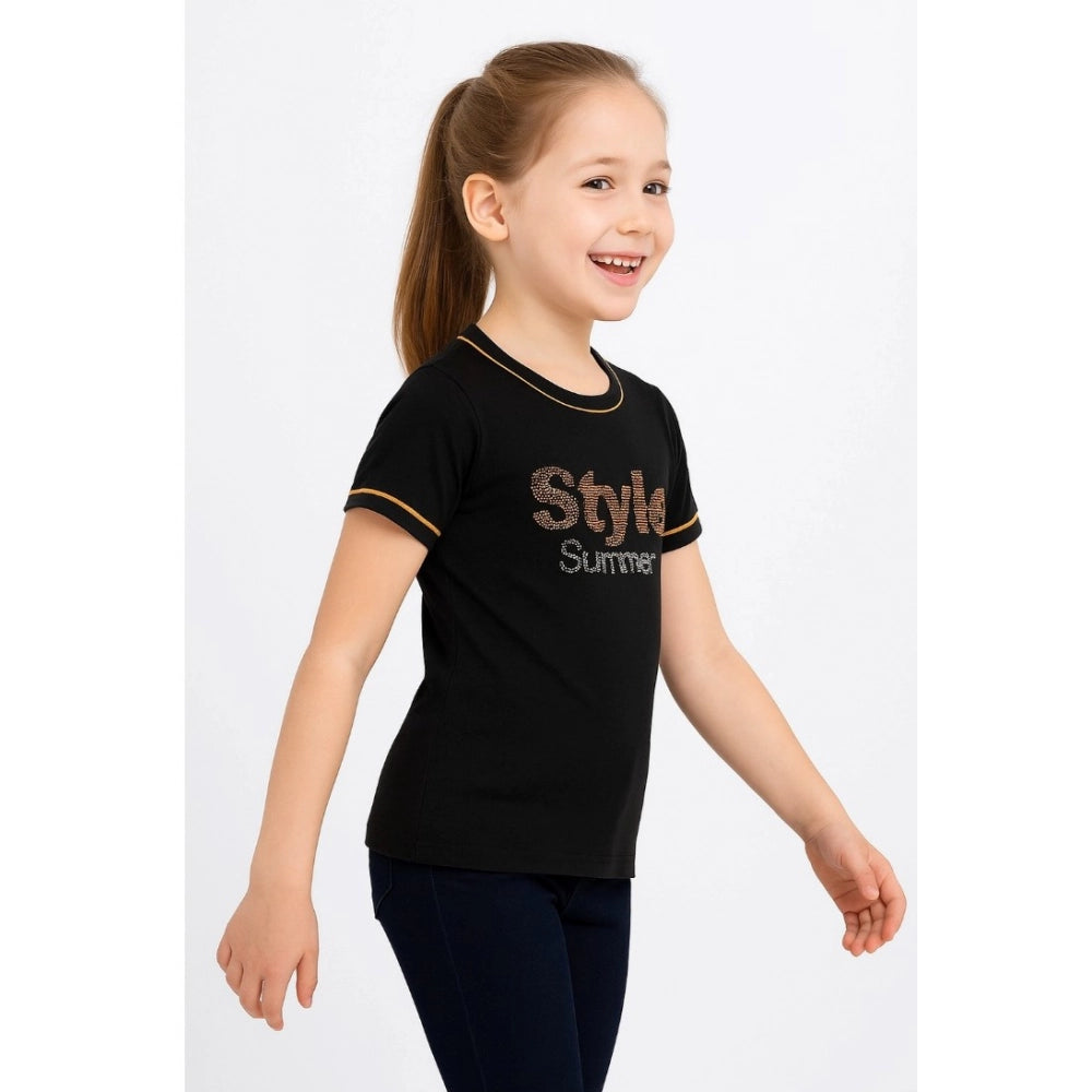 Girls' Cotton Printed Round Neck T-Shirt – Black