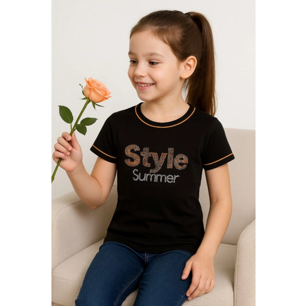 Girls' Cotton Printed Round Neck T-Shirt – Black