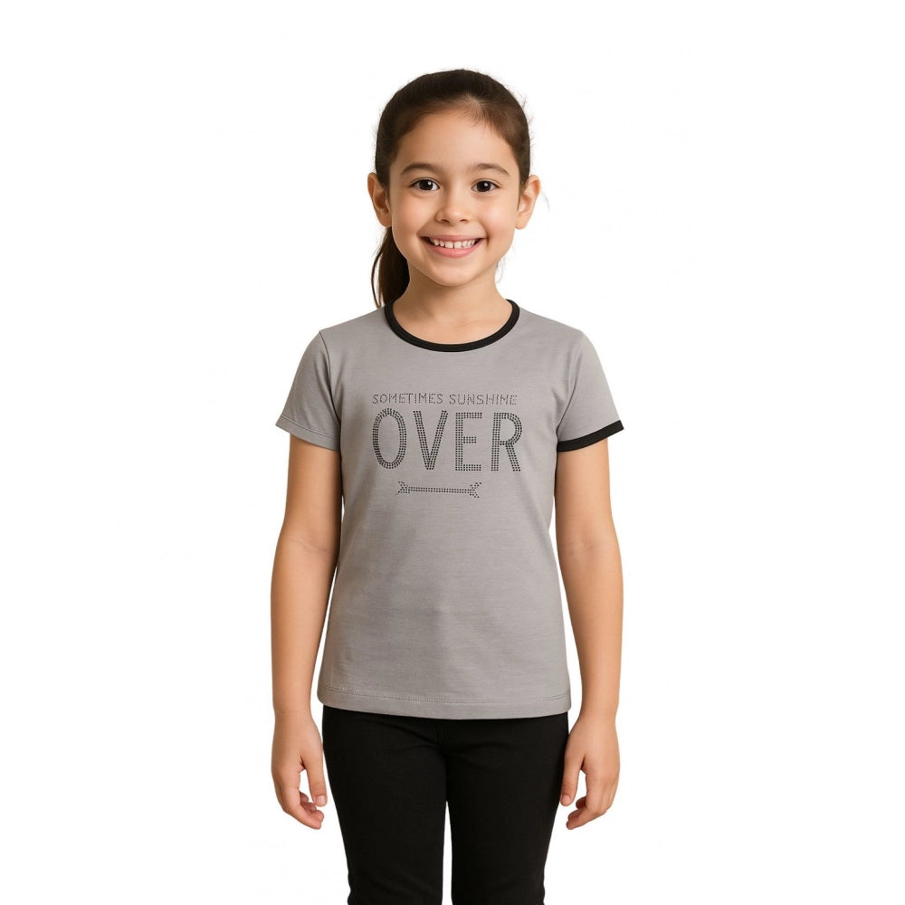 Girls Grey Printed Cotton Round Neck T-Shirt