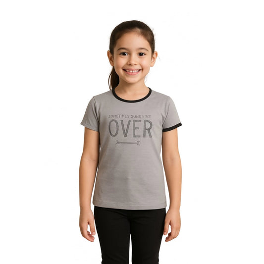 Girls Grey Printed Cotton Round Neck T-Shirt
