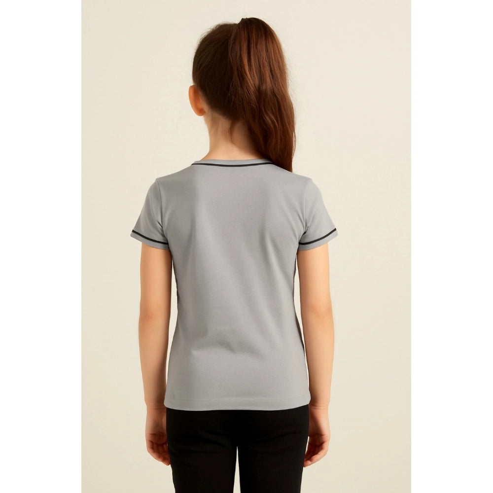 Girls Grey Printed Cotton Round Neck T-Shirt