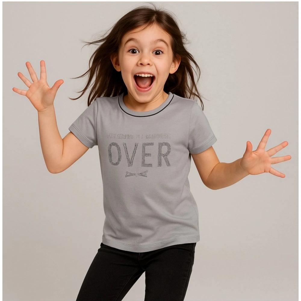 Girls Grey Printed Cotton Round Neck T-Shirt