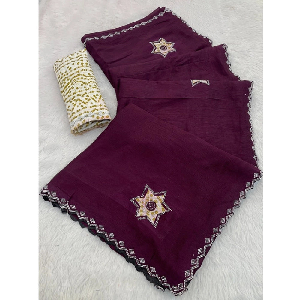 Generic Women's Chiffon Butti Dotted Saree With Unstitched Blouse 5.5Mtr (Wine)