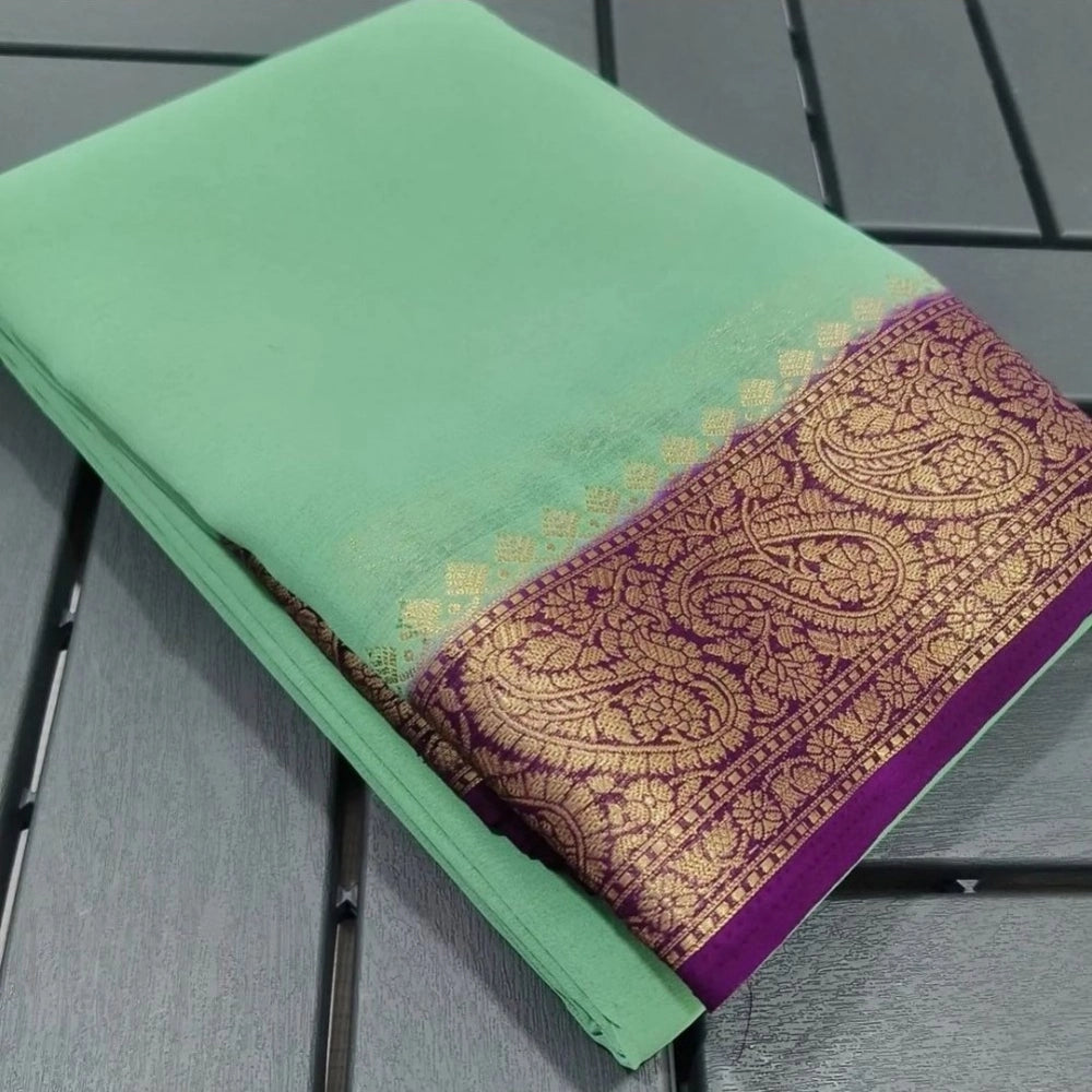 Generic Women's Crepe Chit Pallu Solid Saree With Unstitched Blouse 5.5Mtr (Light Green)
