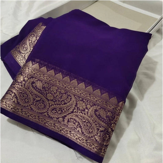 Generic Women's Crepe Chit Pallu Solid Saree With Unstitched Blouse 5.5Mtr (Purple)