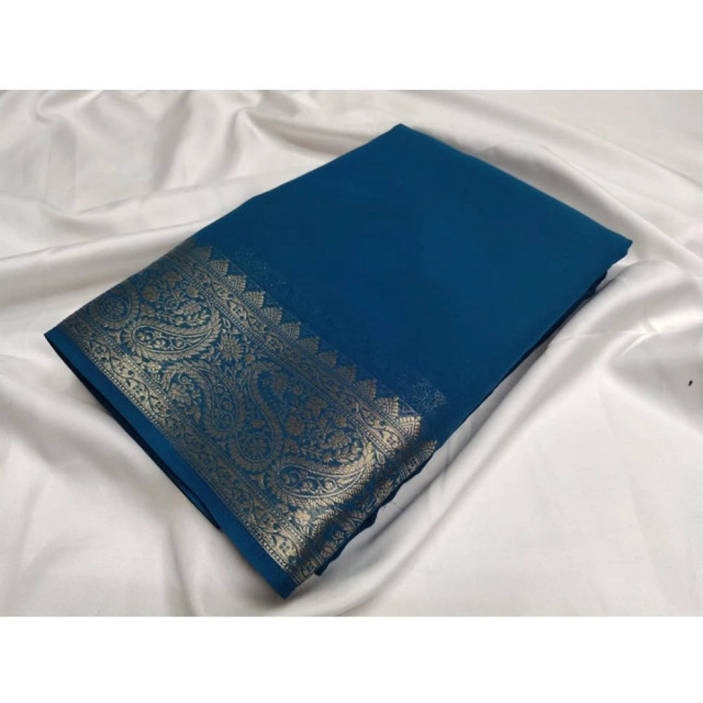 Generic Women's Crepe Chit Pallu Solid Saree With Unstitched Blouse 5.5Mtr (Sea-Green)
