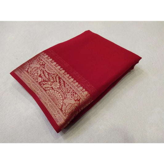Generic Women's Crepe Chit Pallu Solid Saree With Unstitched Blouse 5.5Mtr (Red)