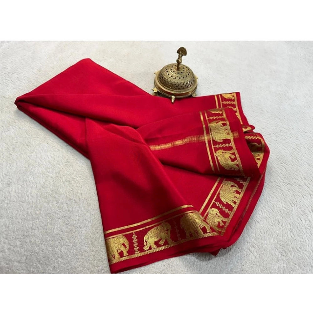 Generic Women's Crepe Chit Pallu Solid Saree With Unstitched Blouse 5.5Mtr (Red)