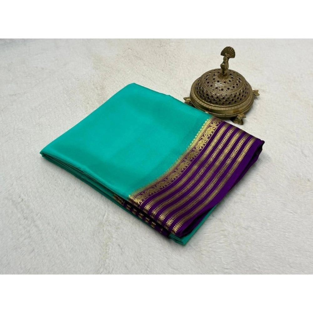Generic Women's Crepe Chit Pallu Solid Saree With Unstitched Blouse 5.5Mtr (Sky Blue)