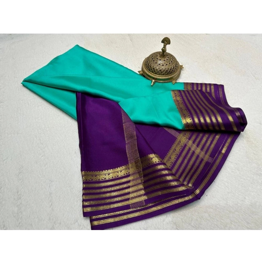 Generic Women's Crepe Chit Pallu Solid Saree With Unstitched Blouse 5.5Mtr (Sky Blue)