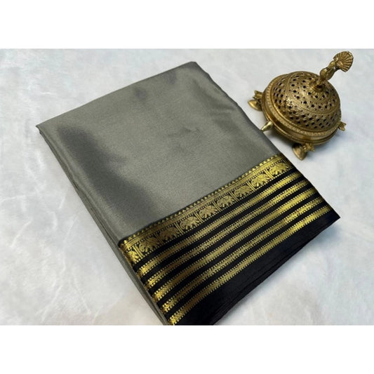Generic Women's Crepe Chit Pallu Solid Saree With Unstitched Blouse 5.5Mtr (Gray)