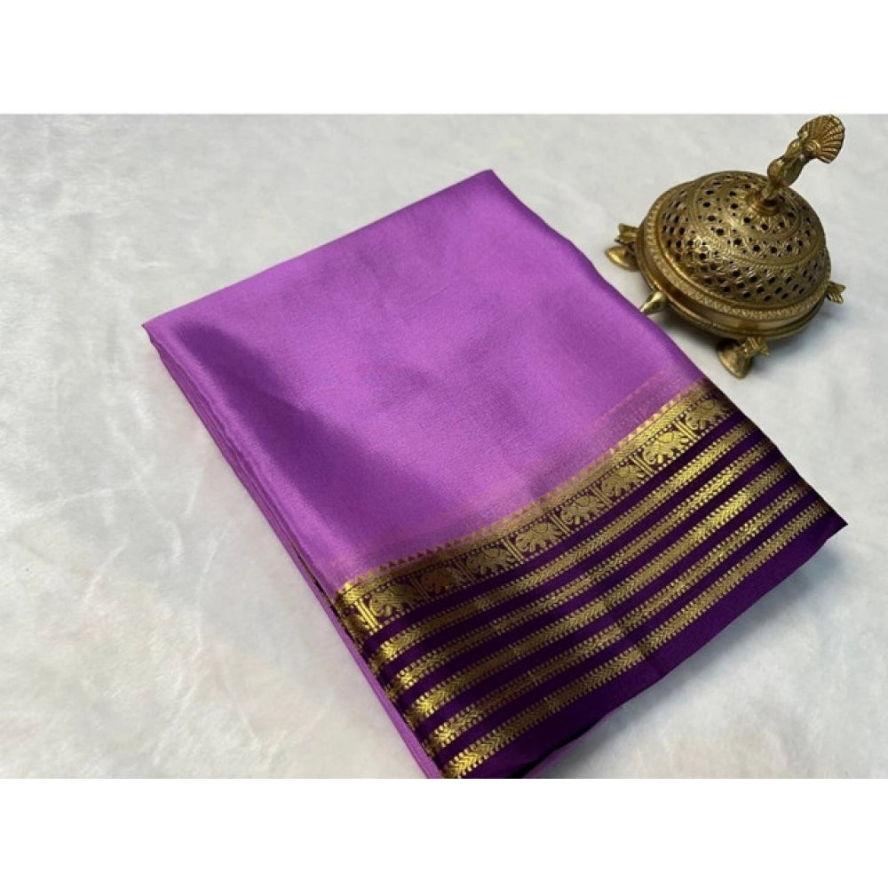Generic Women's Crepe Chit Pallu Solid Saree With Unstitched Blouse 5.5Mtr (Dark Purple)