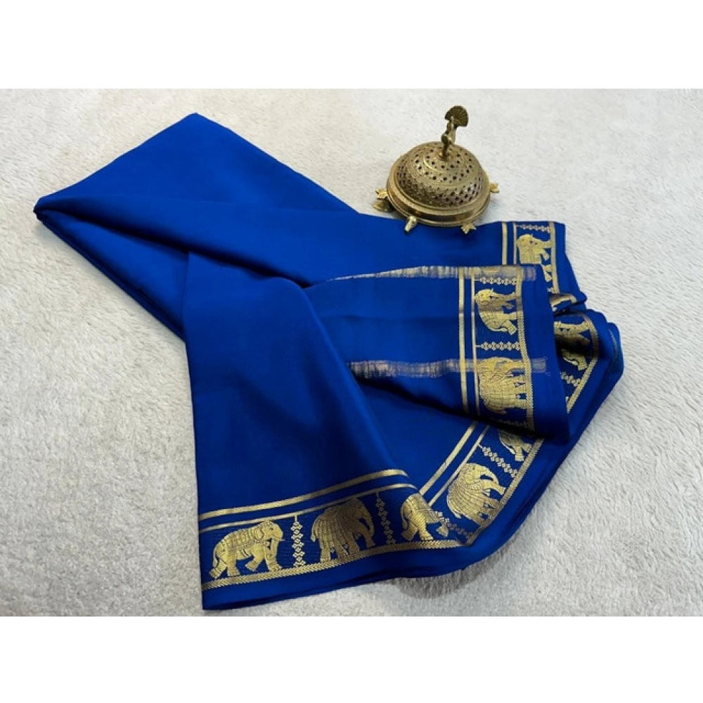 Generic Women's Crepe Chit Pallu Solid Saree With Unstitched Blouse 5.5Mtr (Navy Blue)