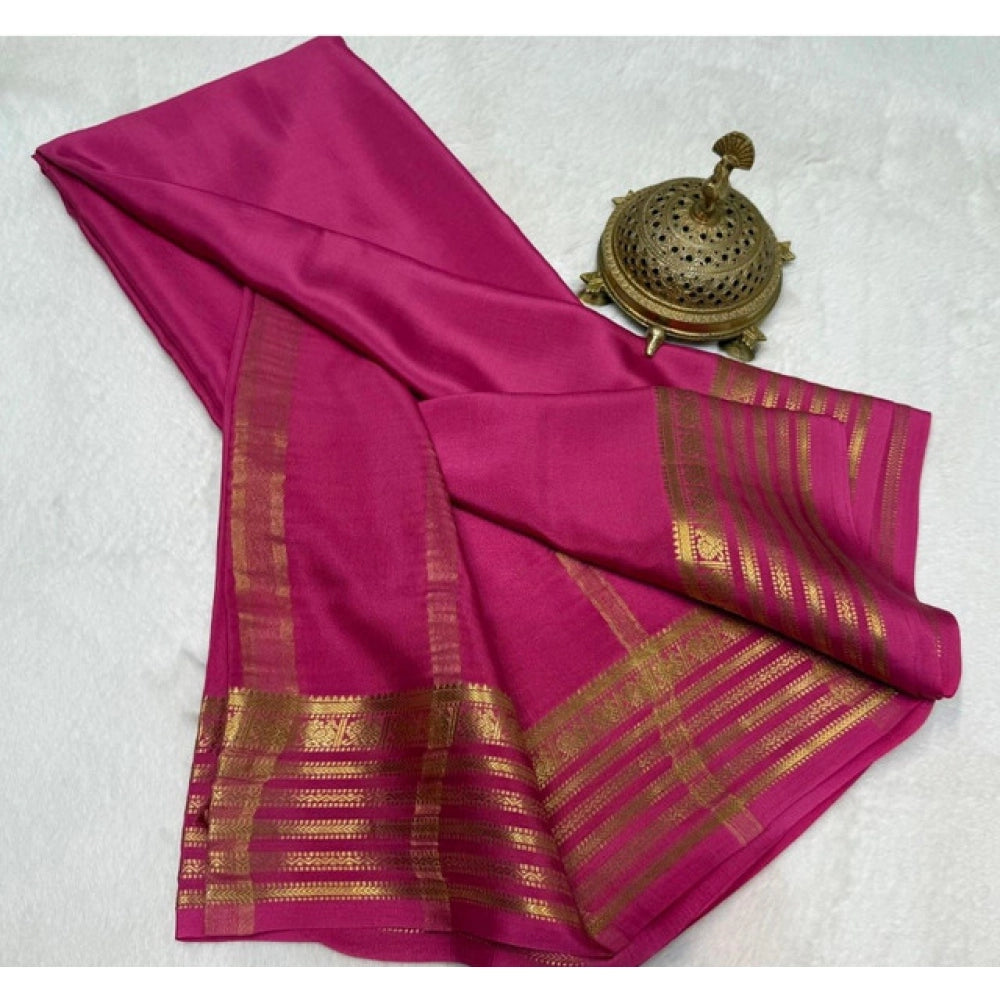 Generic Women's Crepe Chit Pallu Solid Saree With Unstitched Blouse 5.5Mtr (Pink)