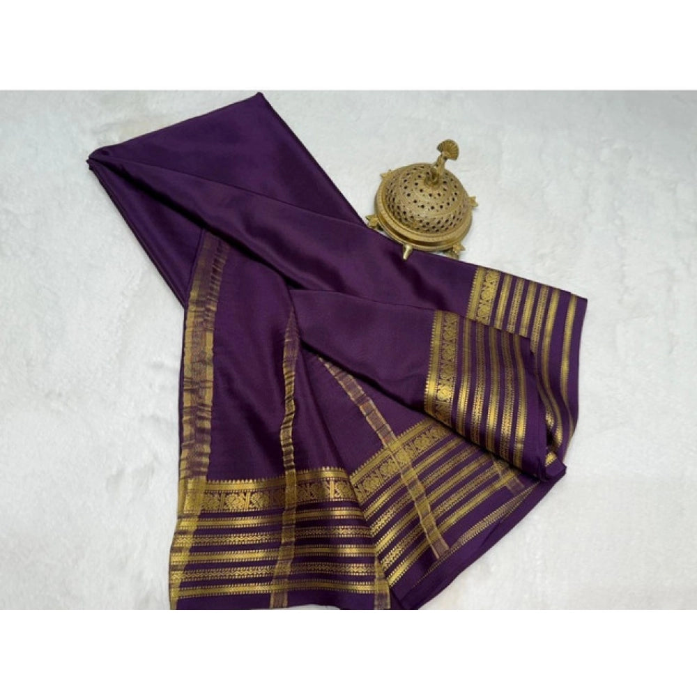 Generic Women's Crepe Chit Pallu Solid Saree With Unstitched Blouse 5.5Mtr (Dark Purple)