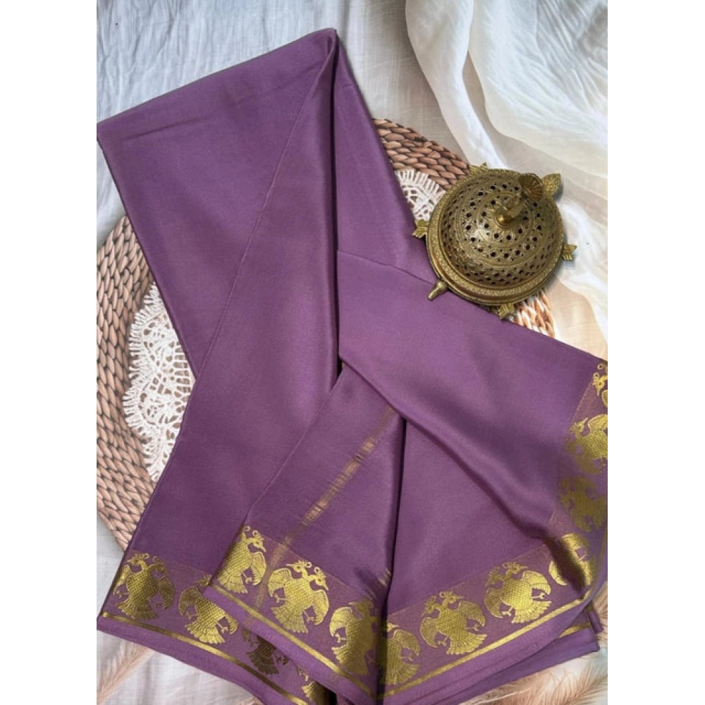 Generic Women's Crepe Chit Pallu Solid Saree With Unstitched Blouse 5.5Mtr (Lavender)