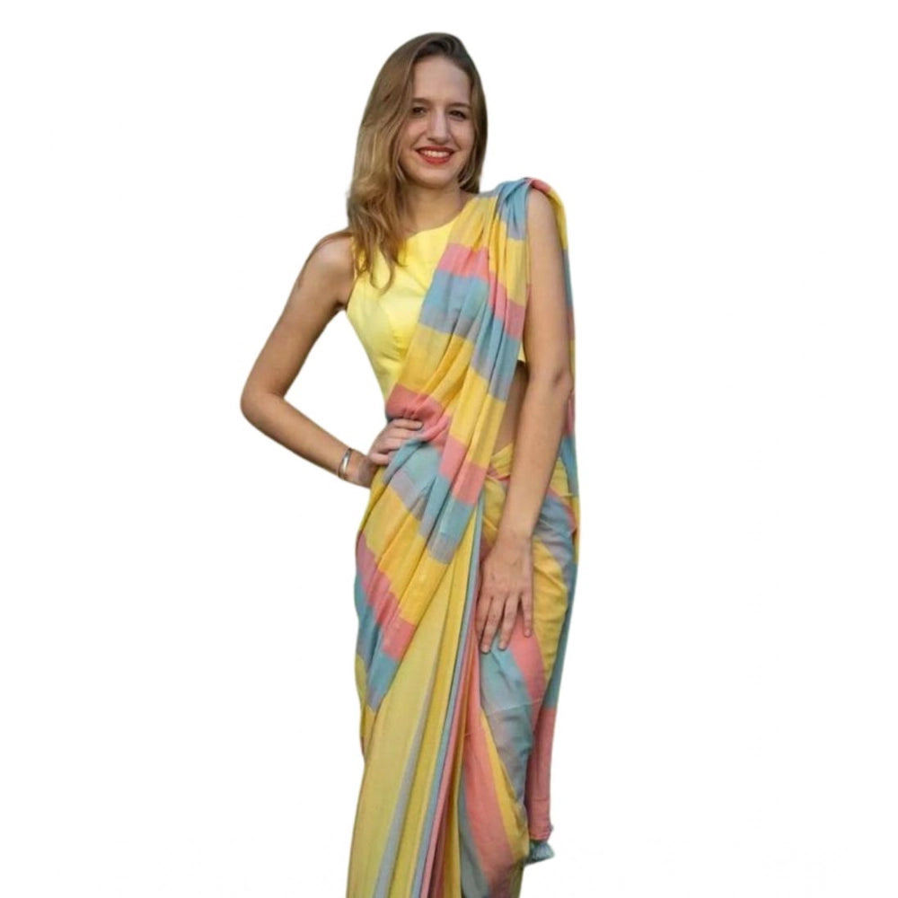 Generic Women's Linen Printed Saree With Unstitched Blouse 5.5Mtr (Multicolor)