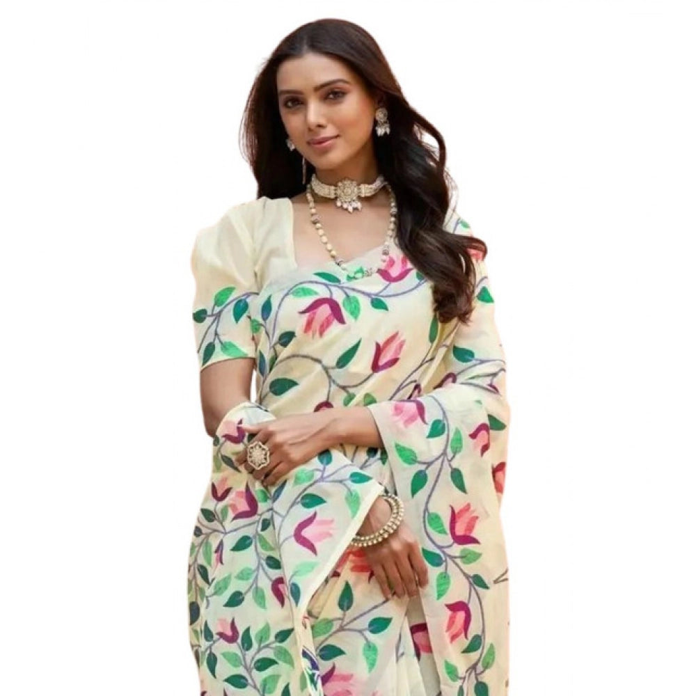 Generic Women's Georgette Printed Saree With Unstitched Blouse 5.5Mtr (Cream)