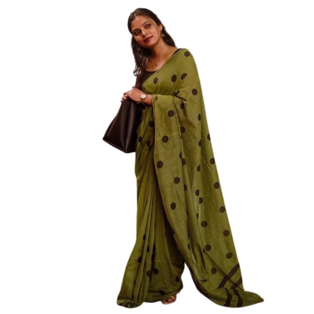 Generic Women's Linen Printed Saree With Unstitched Blouse 5.5Mtr (Green)