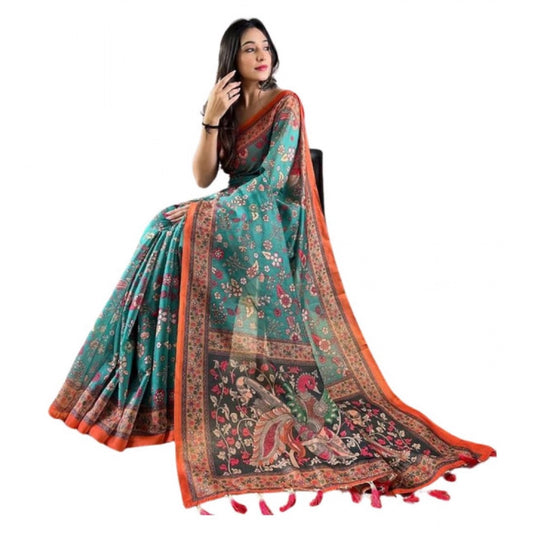 Generic Women's Linen Printed Saree With Unstitched Blouse 5.5Mtr (Olive)