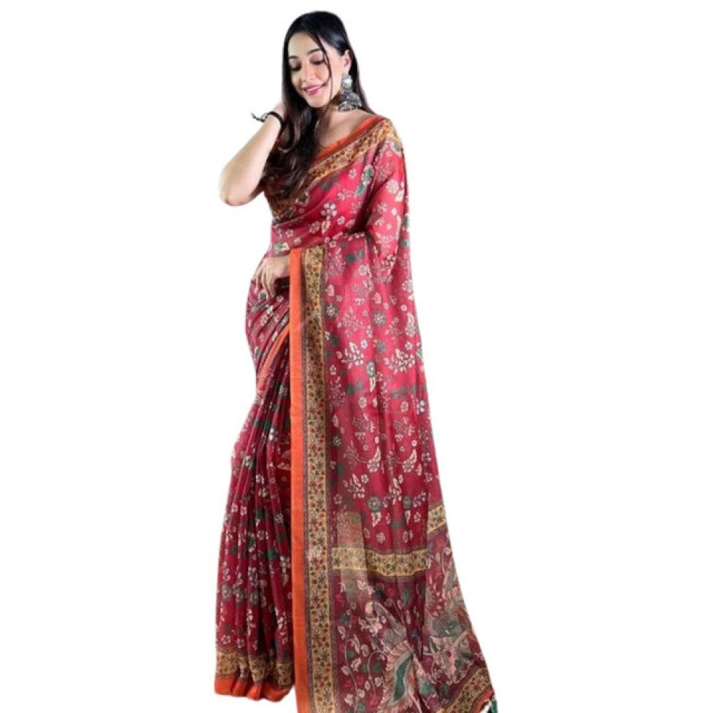 Generic Women's Linen Printed Saree With Unstitched Blouse 5.5Mtr (Red)