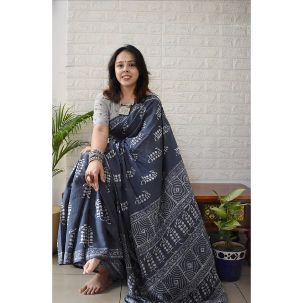 Generic Women's Linen Printed Saree With Unstitched Blouse 5.5Mtr (Grey)