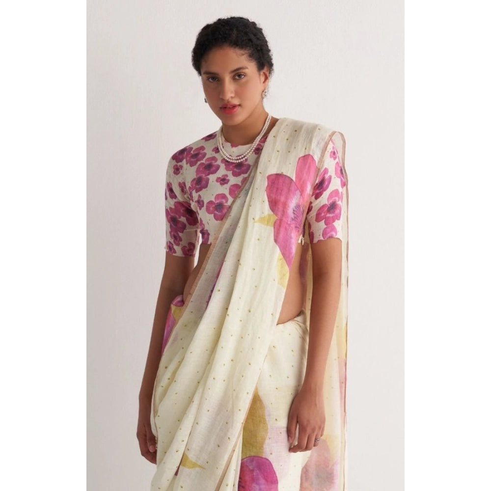 Generic Women's Linen Printed Saree With Unstitched Blouse 5.5Mtr (White)