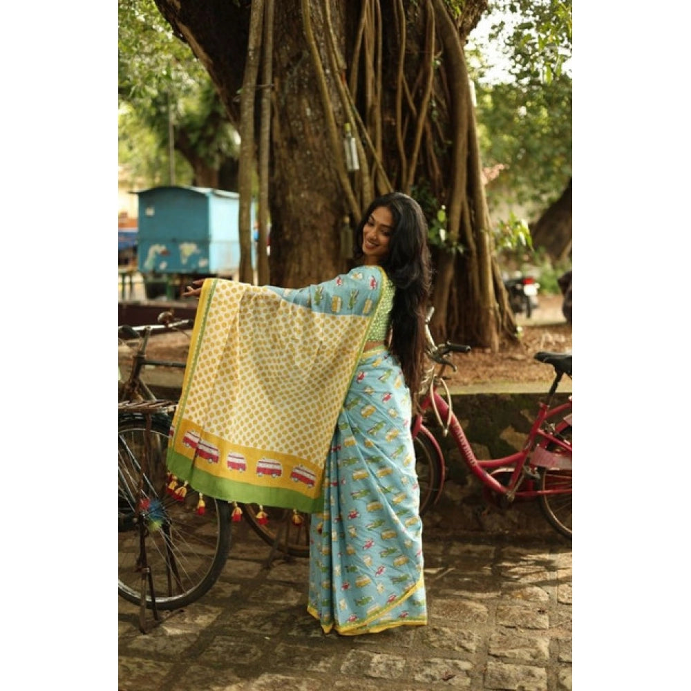 Generic Women's Linen Printed Saree With Unstitched Blouse 5.5Mtr (Blue)
