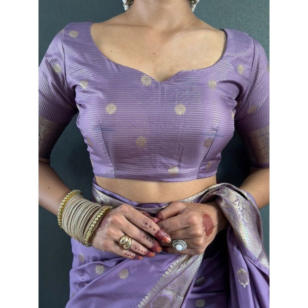 Generic Women's Satin Printed Saree With Unstitched Blouse 5.5Mtr (Purple)