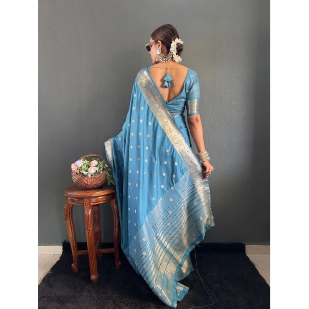 Generic Women's Satin Printed Saree With Unstitched Blouse 5.5Mtr (light Blue)
