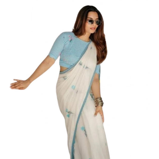 Generic Women's Linen Printed Saree With Unstitched Blouse 5.5Mtr (White)