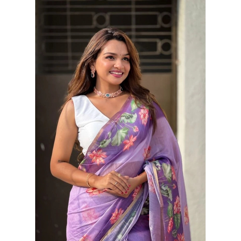 Generic Women's Linen Printed Saree With Unstitched Blouse 5.5Mtr (Purple)
