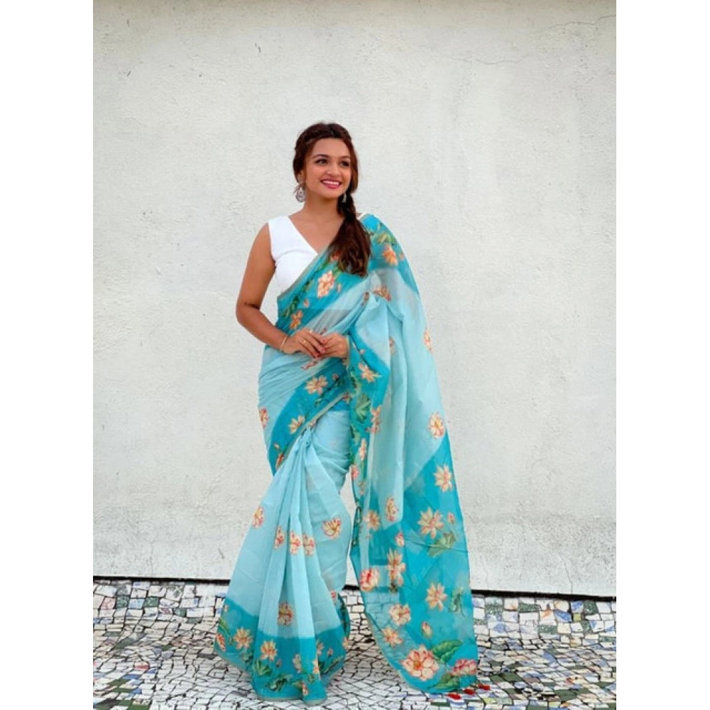 Generic Women's Linen Printed Saree With Unstitched Blouse 5.5Mtr (Aqua)