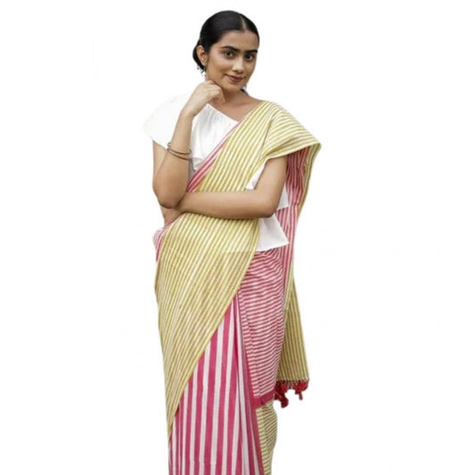 Generic Women's Linen Printed Saree With Unstitched Blouse 5.5Mtr (Yellow)