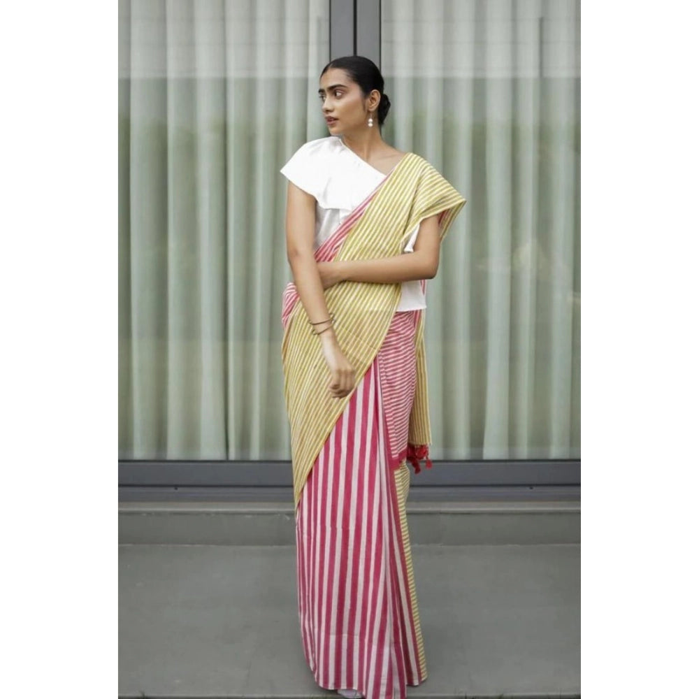 Generic Women's Linen Printed Saree With Unstitched Blouse 5.5Mtr (Yellow)