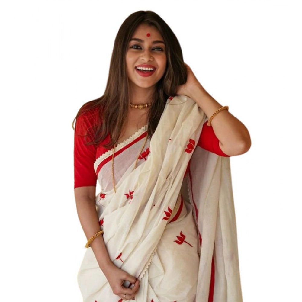 Generic Women's Linen Printed Saree With Unstitched Blouse 5.5Mtr (White)