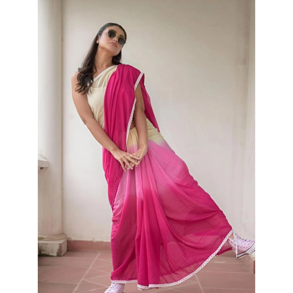 Generic Women's Linen Printed Saree With Unstitched Blouse 5.5Mtr (Pink)