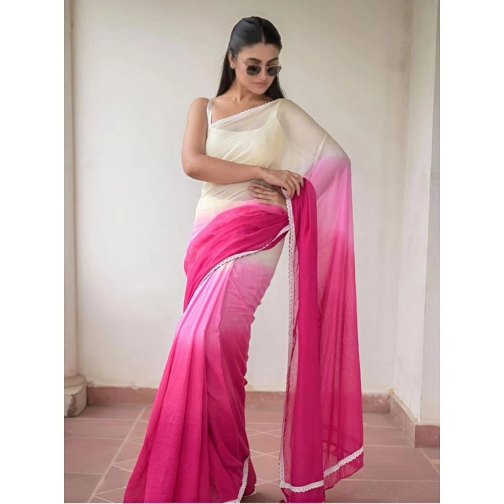 Generic Women's Linen Printed Saree With Unstitched Blouse 5.5Mtr (Pink)