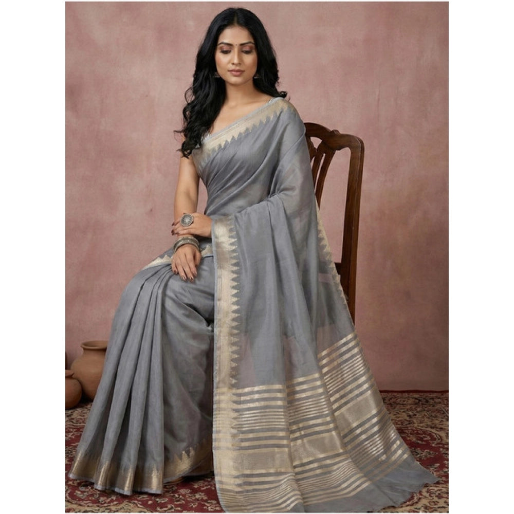 Generic Women's Cotton Printed Saree With Unstitched Blouse 5.5Mtr (Gray)