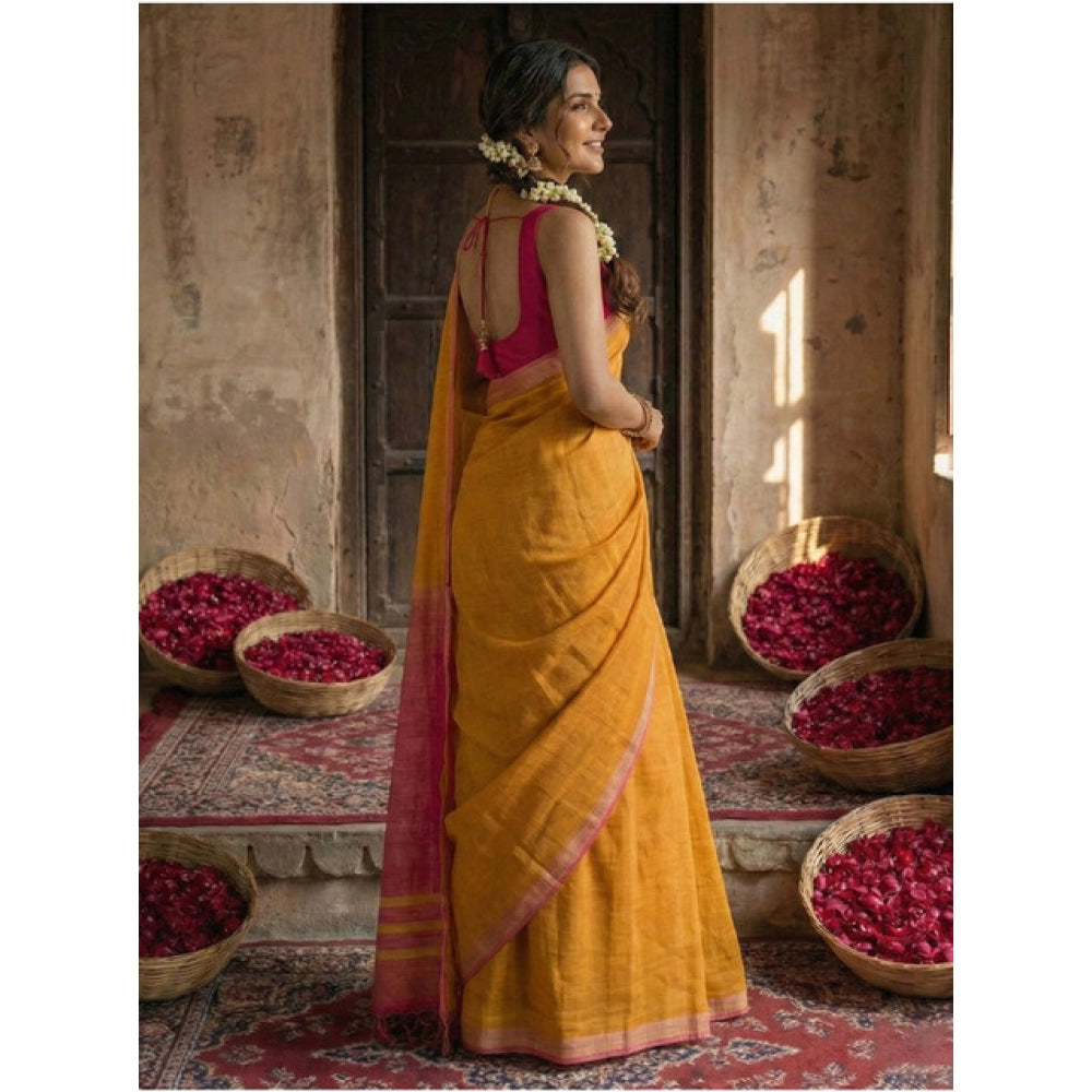 Generic Women's Cotton Printed Saree With Unstitched Blouse 5.5Mtr (Yellow)