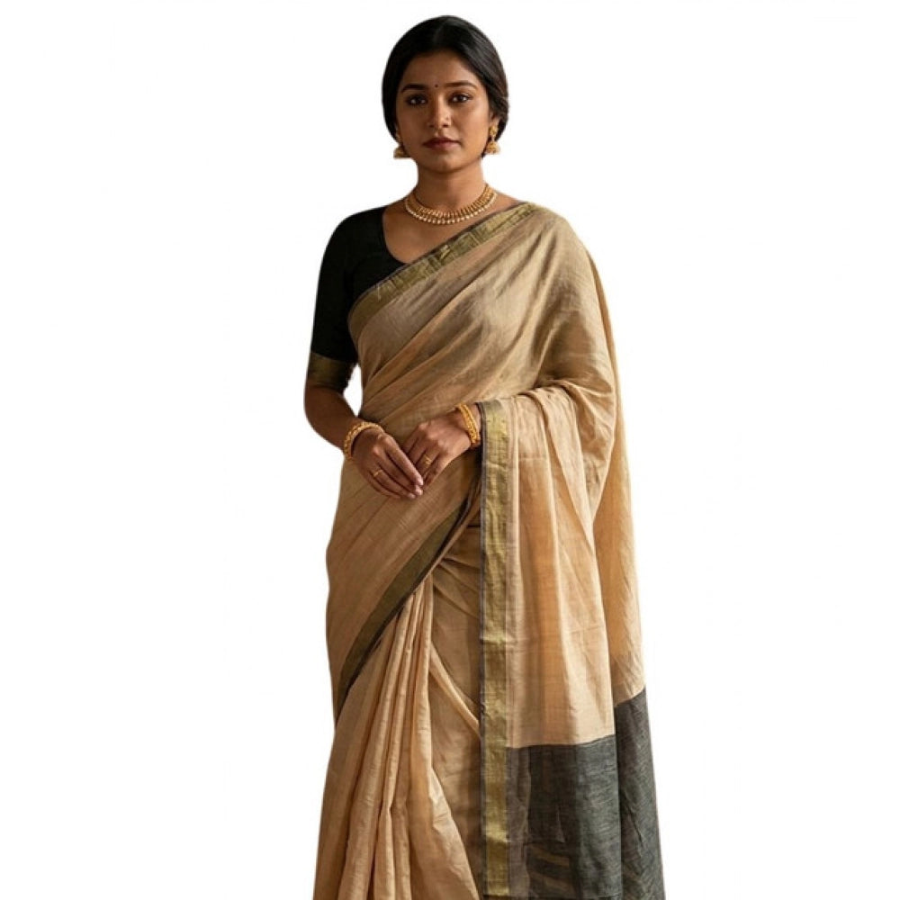 Generic Women's Cotton Printed Saree With Unstitched Blouse 5.5Mtr (Beige)