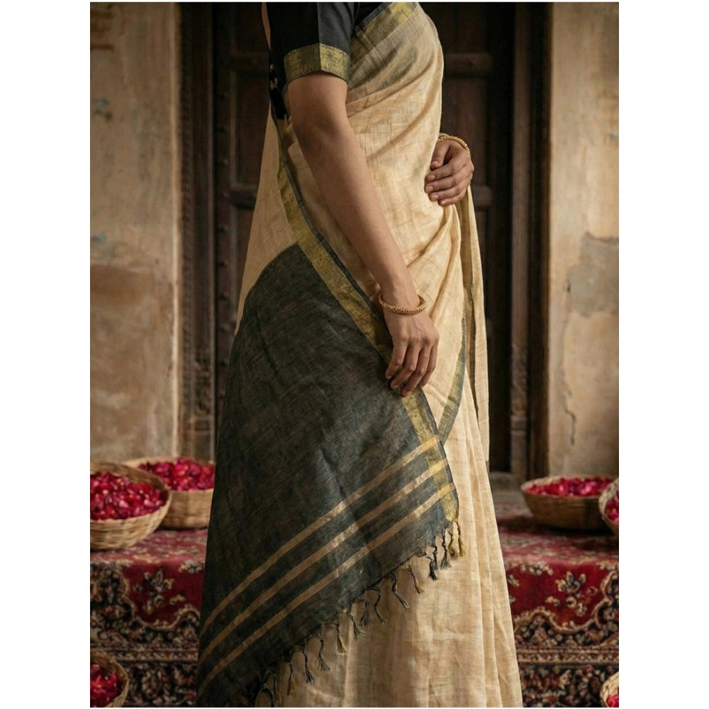 Generic Women's Cotton Printed Saree With Unstitched Blouse 5.5Mtr (Beige)