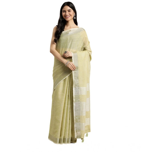 Generic Women's Linen Cotton Printed Saree With Unstitched Blouse 5.5Mtr (Olive Green)